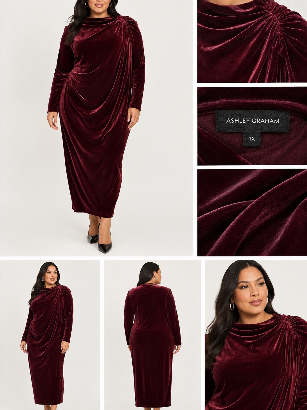 Ashley Graham Wine Velvet Draped Long Sleeve Maxi Dress